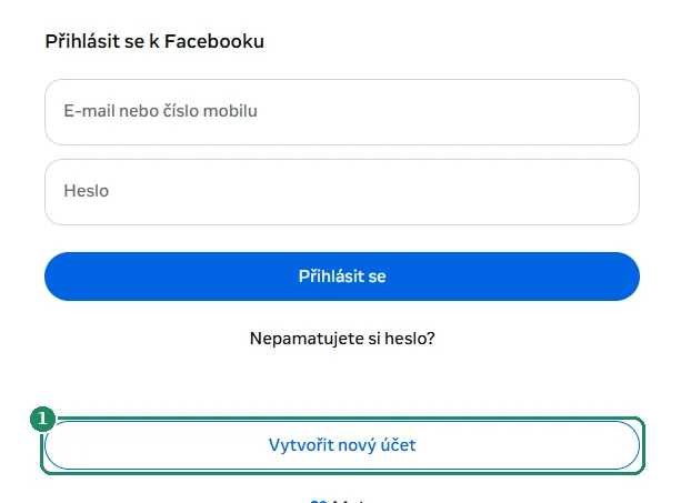 Přihlašovací stránka Facebooku se zvýrazněným tlačítkem Vytvořit nový účet