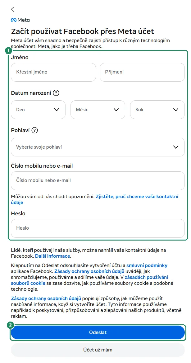 Registrační formulář Facebooku se zvýrazněnými poli pro údaje a tlačítkem Odeslat