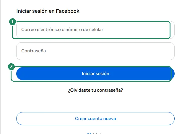 Formulario de inicio de sesión de Facebook con el campo de correo electrónico y el botón Iniciar sesión resaltados