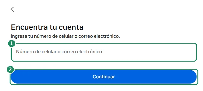 Página de búsqueda de cuenta de Facebook con el campo y el botón Continuar resaltados