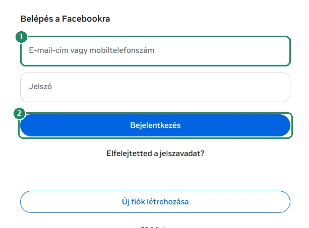 A Facebook bejelentkezési űrlapja, kiemelve az e-mail-cím mező és a Bejelentkezés gomb