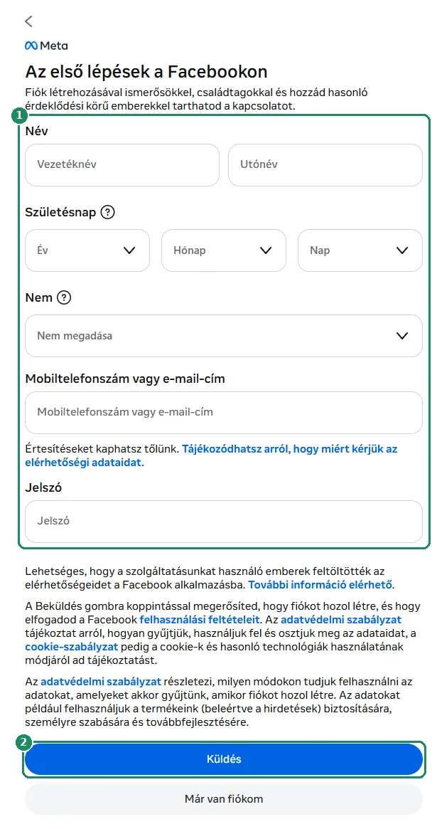 A Facebook regisztrációs űrlapja, kiemelve az adatok mezői és a Küldés gomb