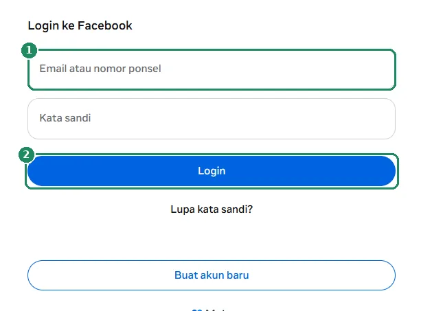 Formulir masuk Facebook, dengan kolom email dan tombol Login ditandai
