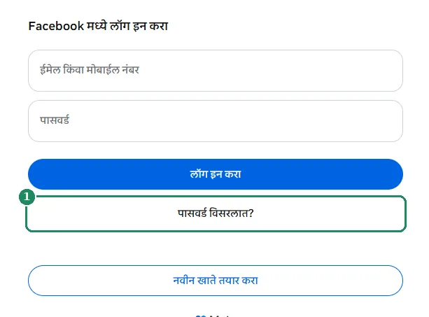 Facebook चे लॉग इन पेज, ज्यात पासवर्ड विसरलात? ही लिंक ठळक केली आहे