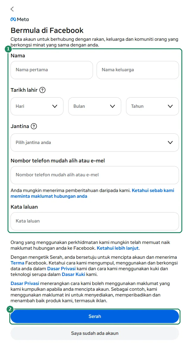 Borang pendaftaran Facebook dengan medan butiran dan butang Serah diserlahkan