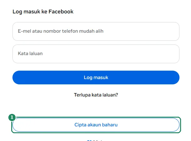 Laman log masuk Facebook dengan butang Cipta akaun baharu diserlahkan