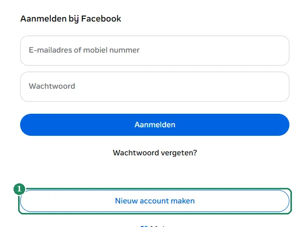 De inlogpagina van Facebook, met de knop Nieuw account maken gemarkeerd