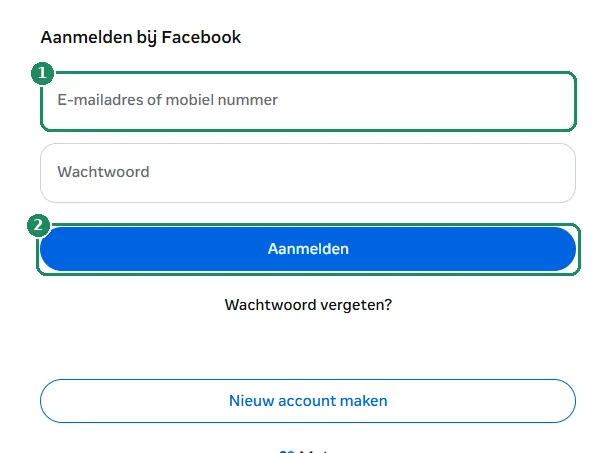 Het inlogformulier van Facebook, met het veld voor het e-mailadres en de knop Aanmelden gemarkeerd