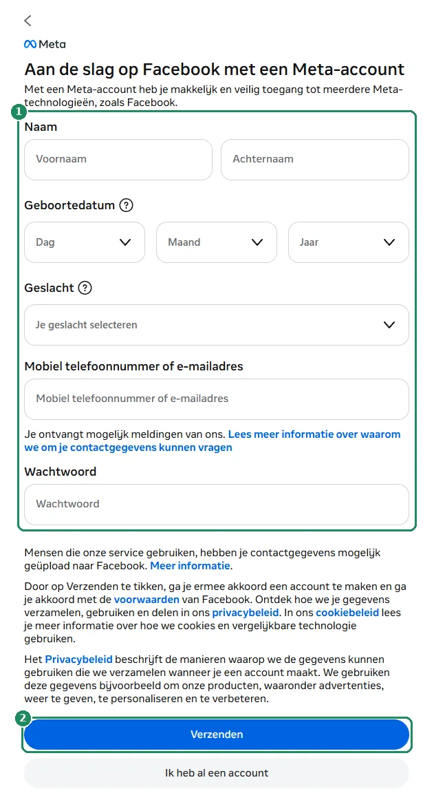 Het registratieformulier van Facebook, met de invoervelden en de knop Verzenden gemarkeerd