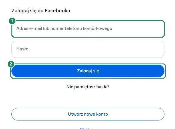Formularz logowania do Facebooka z wyróżnionym polem adresu e-mail i przyciskiem Zaloguj się