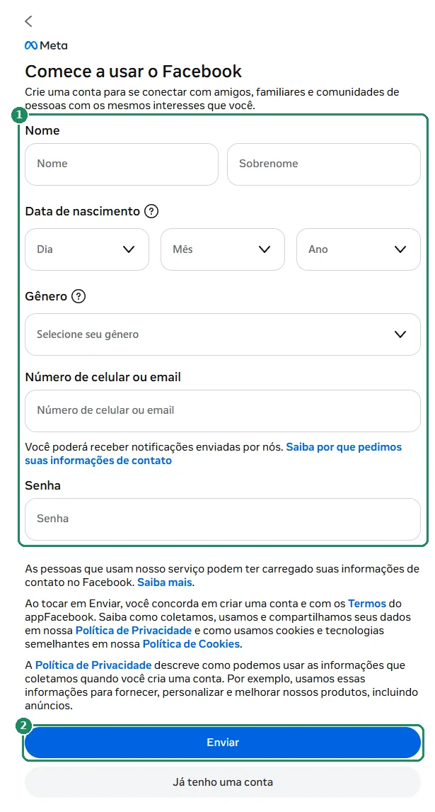 Formulário de cadastro do Facebook, com destaque para os campos de dados e o botão Enviar