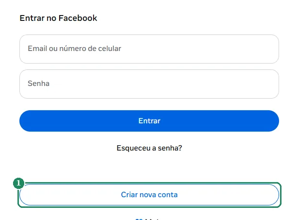 Página de login do Facebook, com destaque para o botão Criar nova conta