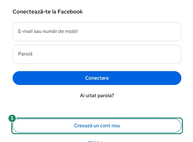 Pagina de conectare Facebook, cu butonul Creează un cont nou evidențiat
