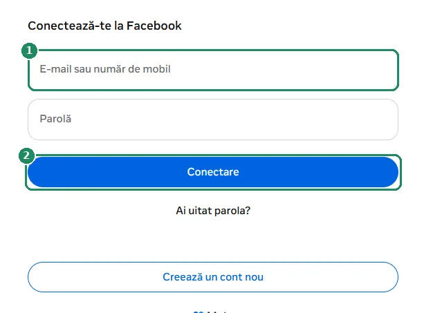 Formularul de conectare Facebook, cu câmpul pentru adresa de e-mail și butonul Conectare evidențiate