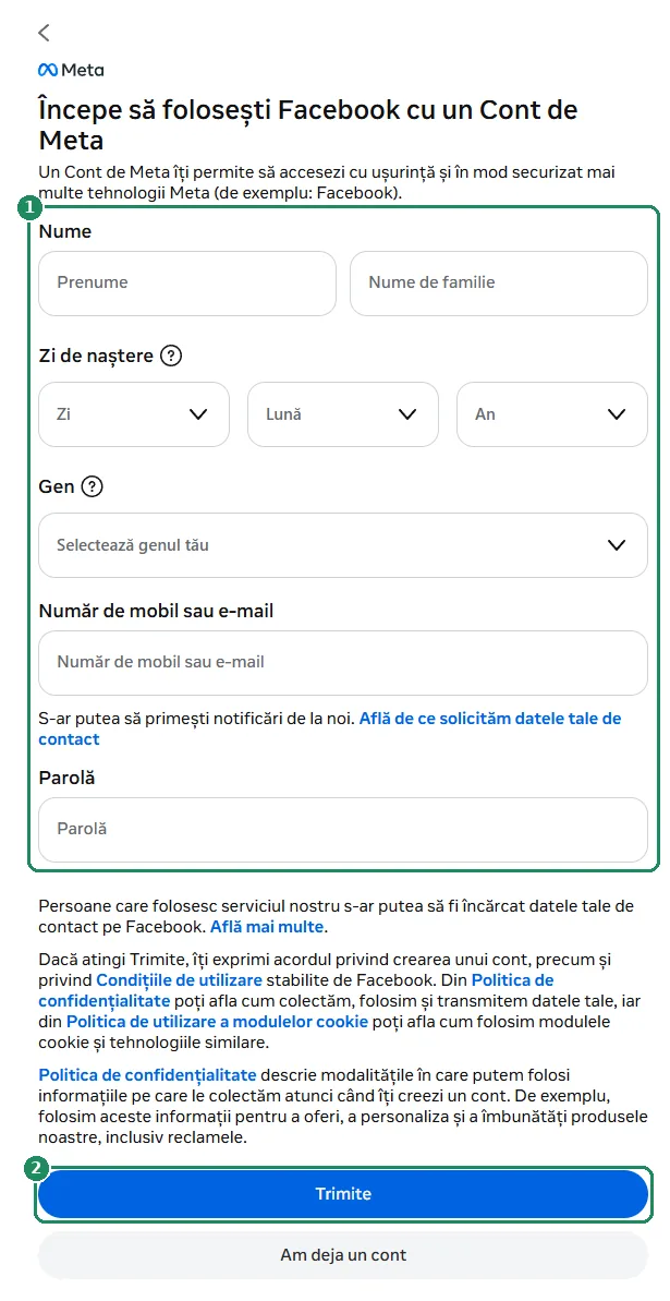 Formularul de înregistrare Facebook, cu câmpurile pentru date și butonul Trimite evidențiate