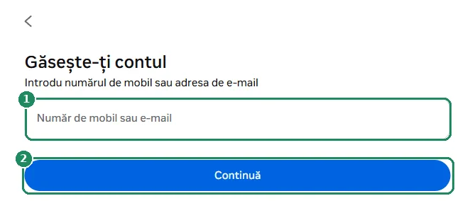 Pagina Facebook de căutare a contului, cu câmpul și butonul Continuă evidențiate