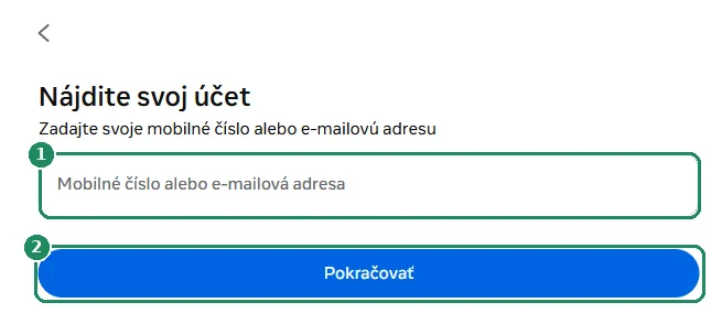 Stránka Facebooku na vyhľadanie účtu so zvýrazneným poľom a tlačidlom Pokračovať