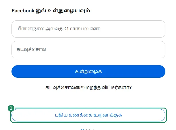 Facebook உள்நுழைவுப் பக்கம்; புதிய கணக்கை உருவாக்குக பொத்தான் சுட்டிக்காட்டப்பட்டுள்ளது