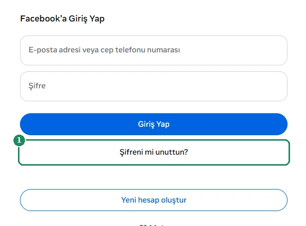 Facebook giriş sayfası; Şifreni mi unuttun? bağlantısı vurgulanmış