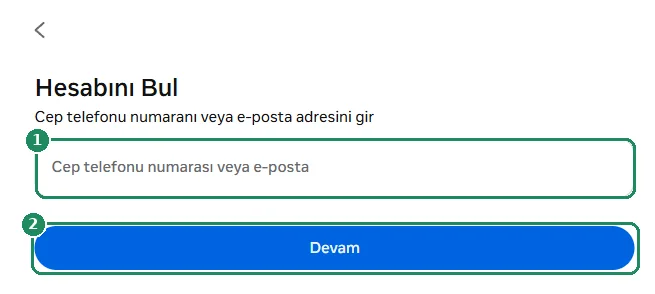 Facebook hesap arama sayfası; giriş alanı ve Devam düğmesi vurgulanmış