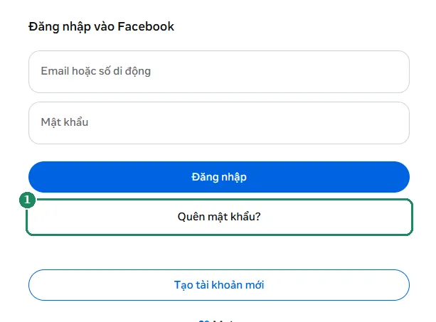 Trang đăng nhập Facebook, đánh dấu liên kết Quên mật khẩu?