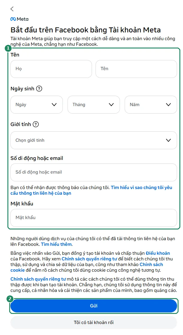 Biểu mẫu đăng ký Facebook, đánh dấu các ô thông tin và nút Gửi