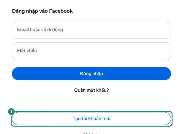 Trang đăng nhập Facebook, đánh dấu nút Tạo tài khoản mới
