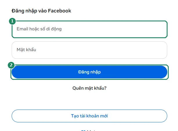 Biểu mẫu đăng nhập Facebook, đánh dấu ô email và nút Đăng nhập