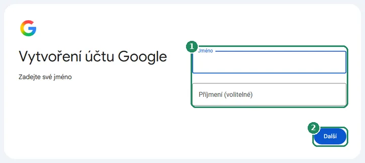 První krok vytvoření účtu Google se zadáním jména