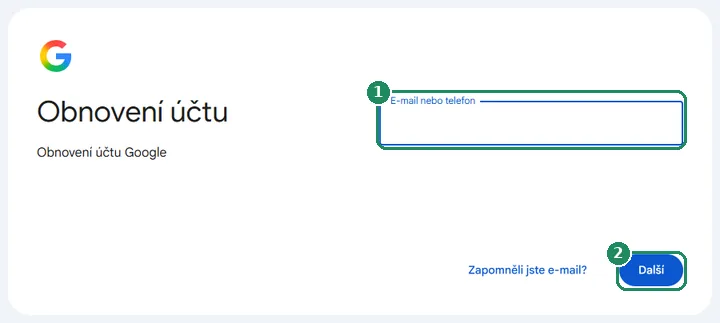 Stránka Obnovení účtu Google