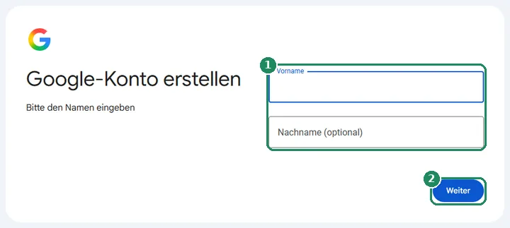 Der erste Schritt beim Erstellen eines Google-Kontos mit den Feldern „Vorname“ und „Nachname (optional)“