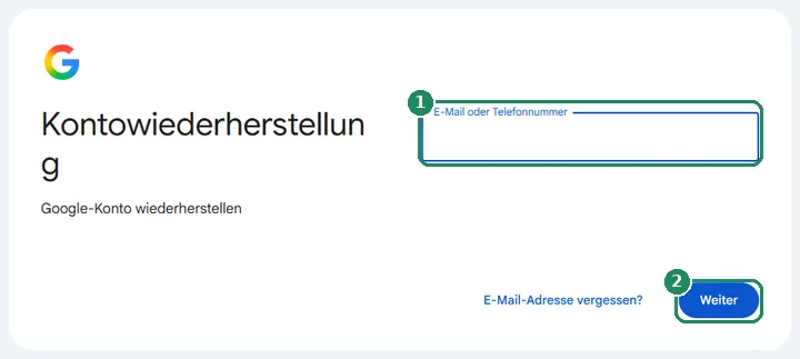 Die Seite „Kontowiederherstellung“ des Google-Kontos mit Eingabefeld und der Schaltfläche „Weiter“