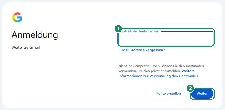 Die Google-Anmeldeseite mit dem Feld „E-Mail oder Telefonnummer“ und der Schaltfläche „Weiter“