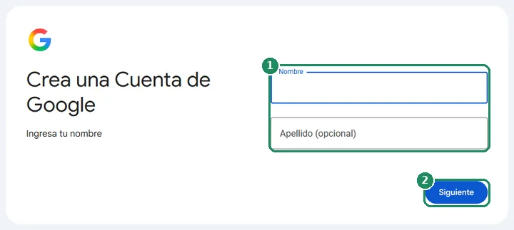 Primer paso para crear una Cuenta de Google, con los campos Nombre y Apellido