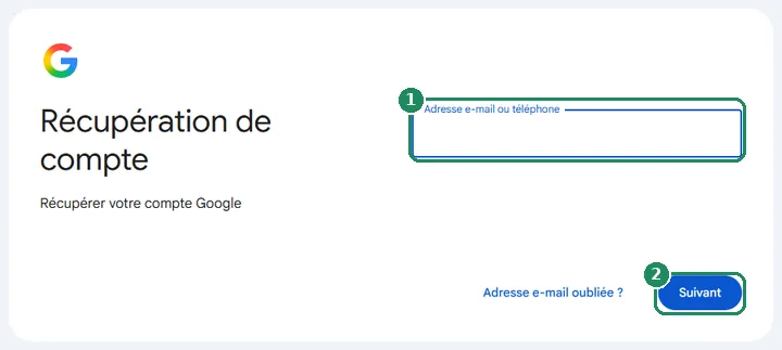 La page « Récupération de compte » de Google