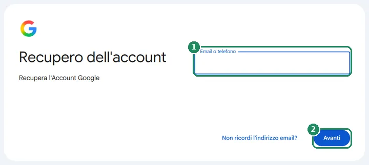 La pagina “Recupero dell'account” di Google