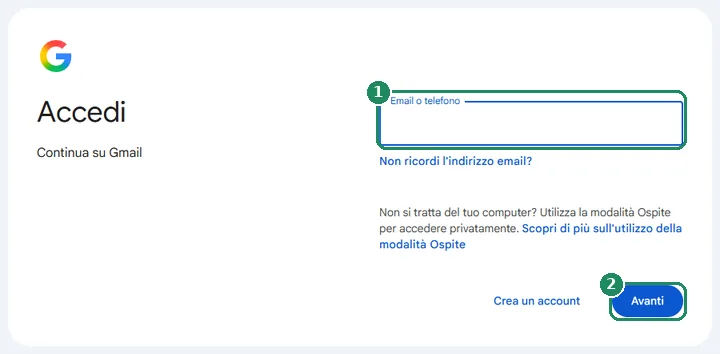 La pagina di accesso di Google con il campo per l'indirizzo e-mail o il numero di telefono