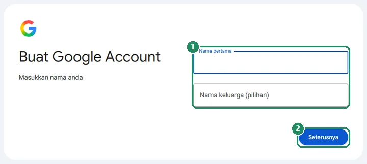 Langkah pertama membuat Akaun Google, iaitu memasukkan nama
