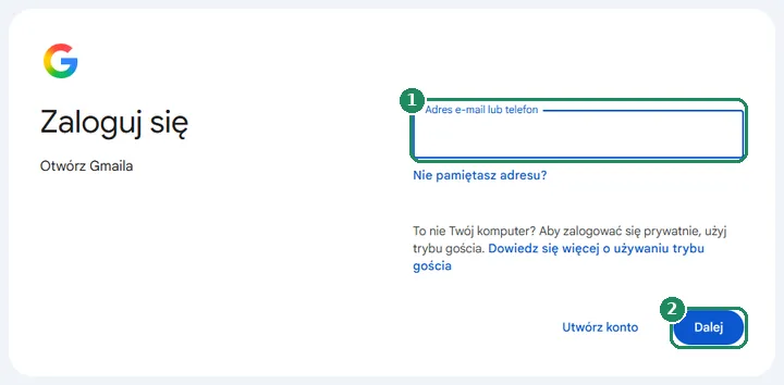 Strona logowania Google z polem na adres e-mail lub numer telefonu