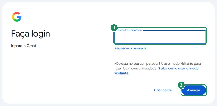 A página de login do Google com o campo de e-mail ou telefone