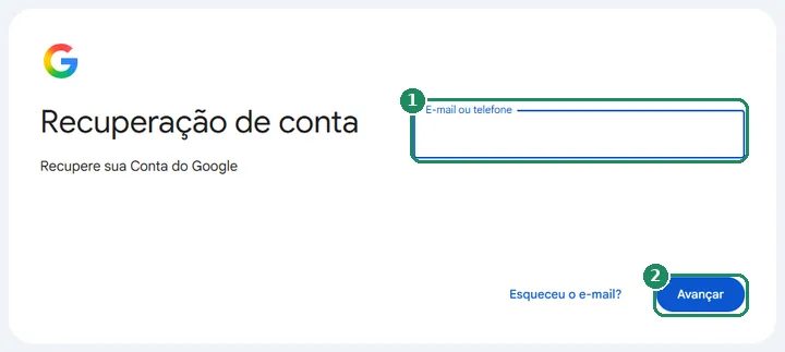 A página de recuperação da Conta do Google