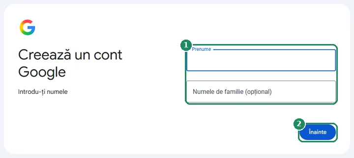 Primul pas al creării unui Cont Google, cu introducerea numelui