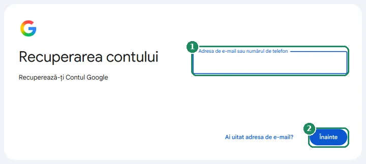 Pagina de recuperare a Contului Google