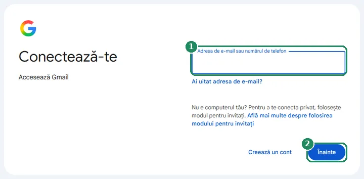 Pagina de conectare Google, cu câmpul pentru adresa de e-mail sau numărul de telefon