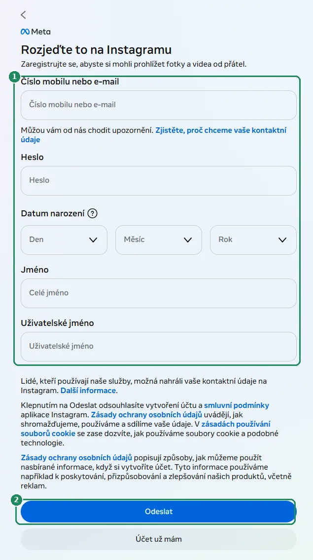 Registrační formulář Instagramu v prohlížeči se zvýrazněnými poli k vyplnění a tlačítkem Odeslat