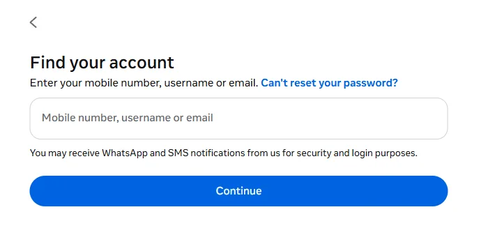 Instagram's password reset page with the account search field and the Continue button