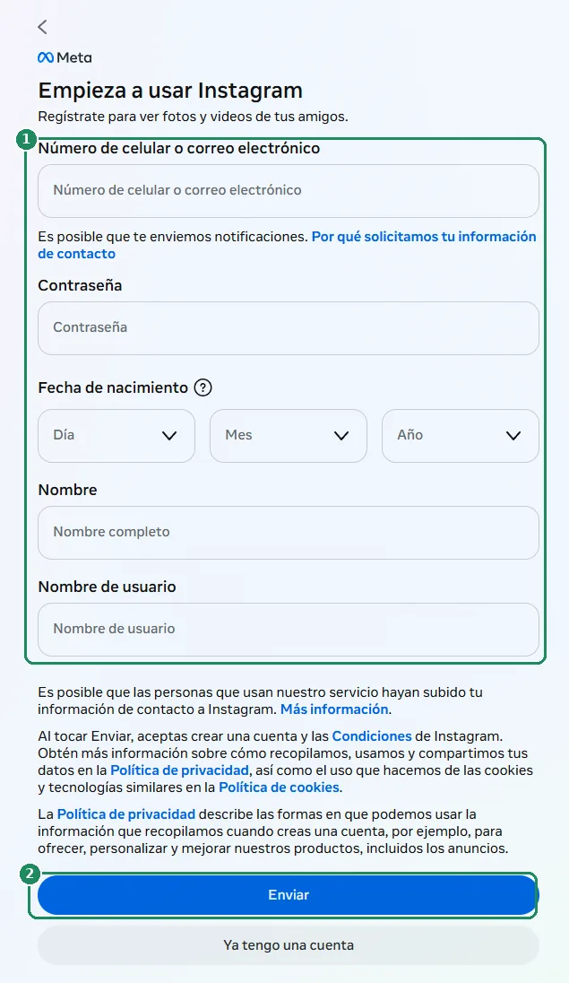 El formulario de registro web de Instagram, con los campos para completar y el botón Enviar resaltados