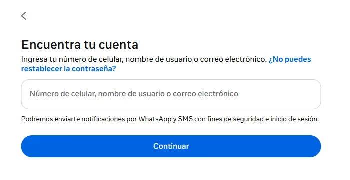 La página de restablecimiento de contraseña de Instagram con el campo para buscar la cuenta y el botón Continuar
