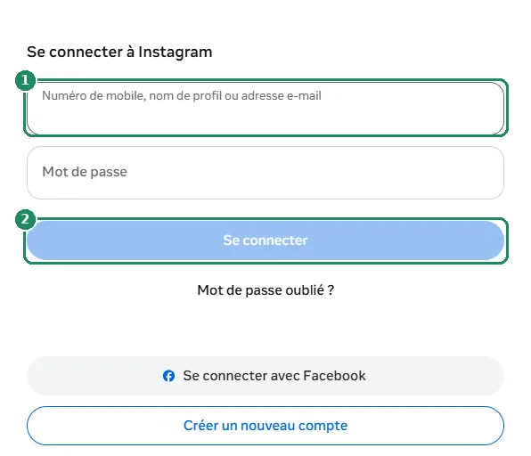 Le formulaire de connexion web d'Instagram, avec le champ d'identifiant et le bouton Se connecter mis en évidence