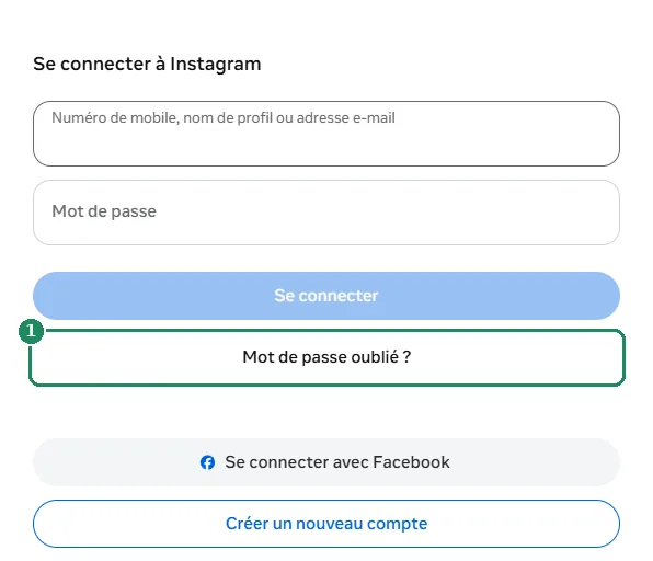 Le formulaire de connexion d'Instagram, avec le lien Mot de passe oublié ? mis en évidence